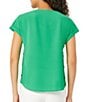 Color:Kelly - Image 2 - Crepe Round Neck Short Sleeve Button Detail Blouse