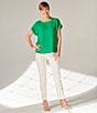 Color:Kelly - Image 3 - Crepe Round Neck Short Sleeve Button Detail Blouse