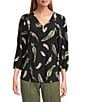Jones New York Feather Print 3/4 Sleeve Keyhole V-Neck Top, Color:Jones Black Multi - Image 1