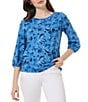 Color:Blue Lagoon Multi - Image 1 - Floral Moss Crepe 3/4 Puff Sleeve Blouse