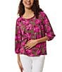 Color:Jasper Green/Bright Orchid Multi - Image 1 - Floral Moss Crepe 3/4 Puff Sleeve Blouse