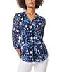 Color:Navy/Light Sapphire Multi - Image 1 - Floral Printed V-Neck 3/4 Sleeve Pleated Front Tunic