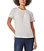 Color:NYC White - Image 1 - Gathered Crew Neck Embellished Lace Trim Short Sleeve Top