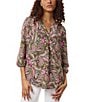 Color:Jasper Green Multi - Image 1 - Kelly Paisley Chiffon V-Neck 3/4 Sleeves Pleated Front Top