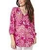 Color:Bright Orchid Multi - Image 1 - Kelly Paisley Printed Chiffon V-Neck 3/4 Sleeves Pleated Front Top