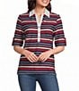 Jones New York Knit Stripe Polo Collar Elbow Sleeve Top - Image 1