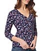 Color:Pacific Navy/Fresh Guava - Image 1 - Printed Moss Crepe 3/4 Sleeve Faux Wrap Top