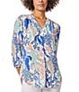 Color:NYC White/Light Sapphire Multi - Image 1 - Ocean Printed V-Neck 3/4 Sleeve Pleated Front Tunic