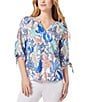 Color:NYC White/Light Sapphire Multi - Image 1 - Printed V-Neck Embellished Tie 3/4 Sleeve Top