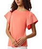 Color:Coral Sun - Image 1 - Round Neck Short Flutter Sleeve Tee Shirt