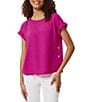 Color:Bright Orchid - Image 1 - Solid Jasper Crepe Boat Neck Short Roll-Tab Sleeves Top