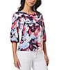 Color:Navy/Fresh Guava Multi - Image 1 - Stretch Floral Printed Crew Neckline 3/4 Sleeve Shirt