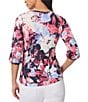 Color:Navy/Fresh Guava Multi - Image 2 - Stretch Floral Printed Crew Neckline 3/4 Sleeve Shirt