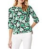 Color:Jones Black/Kelly - Image 1 - Stretch Printed Crepe Crew Neck 3/4 Puff Sleeve Blouse