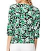 Color:Jones Black/Kelly - Image 2 - Stretch Printed Crepe Crew Neck 3/4 Puff Sleeve Blouse