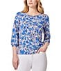 Color:Blue Horizon Multi - Image 1 - Stretch Printed Crepe Crew Neck 3/4 Puff Sleeve Top
