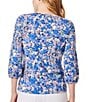 Color:Blue Horizon Multi - Image 2 - Stretch Printed Crepe Crew Neck 3/4 Puff Sleeve Top