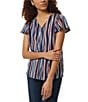 Color:Pacific Navy Multi - Image 1 - Stretch Printed V-Neck Flutter Cap Sleeve Top