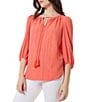 Color:Coral Sun - Image 1 - Tie Scoop Neckline 3/4 Sleeve Tunic