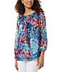 Color:Pacific Navy Multi - Image 1 - Tropical Floral Print Chiffon Off-the-Shoulder Smocked Long Sleeve Top