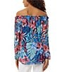 Color:Pacific Navy Multi - Image 2 - Tropical Floral Print Chiffon Off-the-Shoulder Smocked Long Sleeve Top