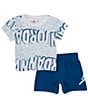 Color:Industrial Blue - Image 1 - Baby Boys 12-24 Months Short-Sleeve Mixed-Media Logo T-Shirt & Solid Shorts Set