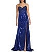 Jovani Metallic Sweetheart Neck Fitted Corset Beaded Bodice Side Slit Dress, Color:Royal - Image 1