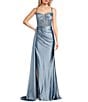 Jovani Sweetheart Neck Spaghetti Strap Corset Glitter Mesh Bodice Side Slit Gown, Color:Slate Blue - Image 1