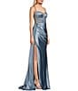 Jovani Sweetheart Neck Spaghetti Strap Corset Glitter Mesh Bodice Side Slit Gown, Color:Slate Blue - Image 3