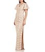 Color:Golden Taupe - Image 3 - Sequin Embroidered V Neckline Short Flutter Sleeve Gown