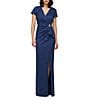 JS Collections Aidy V-Neck Short Sleeve Ruffle Front Stretch Jacquard Column Gown, Color:Navy - Image 1
