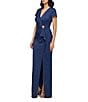 JS Collections Aidy V-Neck Short Sleeve Ruffle Front Stretch Jacquard Column Gown, Color:Navy - Image 3