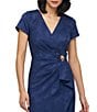 JS Collections Aidy V-Neck Short Sleeve Ruffle Front Stretch Jacquard Column Gown, Color:Navy - Image 4