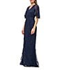 JS Collections Alex Cape Sleeve V-Neck Beaded Pearl Soutache Mesh Sheath Gown, Color:Navy - Image 3