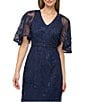 JS Collections Alex Cape Sleeve V-Neck Beaded Pearl Soutache Mesh Sheath Gown, Color:Navy - Image 4