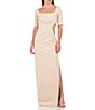 Color:Champagne - Image 1 - Beaded Stretch Square Neck Short Sleeve Side Ruched Gown