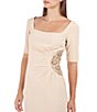 Color:Champagne - Image 3 - Beaded Stretch Square Neck Short Sleeve Side Ruched Gown