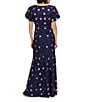 JS Collections Jade 3D Floral Embroidered Mesh V-Neck Puff Sleeve Mermaid Gown, Color:Navy Multi - Image 2
