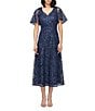 JS Collections Jess V-Neck Illusion Flutter Sleeve Embroidered Mesh A-Line Midi Dress, Color:Navy - Image 1