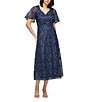 JS Collections Jess V-Neck Illusion Flutter Sleeve Embroidered Mesh A-Line Midi Dress, Color:Navy - Image 3