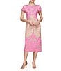 Color:Hot Pink Multi - Image 1 - Lace Boat Neck Short Sleeve Sheath Dress