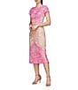 Color:Hot Pink Multi - Image 3 - Lace Boat Neck Short Sleeve Sheath Dress