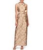 JS Collections Myrtle Metallic Jacquard Print Point Flat Collar Sleeveless Column Gown - Image 1