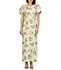 JS Collections Penny Round Neck Puff Sleeve Abstract Floral Stretch Jacquard Column Gown, Color:Green Egret - Image 3