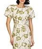 JS Collections Penny Round Neck Puff Sleeve Abstract Floral Stretch Jacquard Column Gown, Color:Green Egret - Image 4