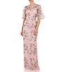 Color:Blush Multi - Image 1 - Sequin Embroidered Mesh Short Flutter Sleeve Illusion Boat Neck Gown