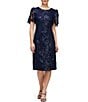 Color:Navy - Image 1 - Sequin Lace Round Neckline Short Puff Sleeve Sheath Dress
