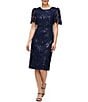 Color:Navy - Image 3 - Sequin Lace Round Neckline Short Puff Sleeve Sheath Dress