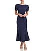 Color:Deep Navy - Image 1 - Stretch Crepe Boat Neckline Short Puff Sleeve Mermaid Dress