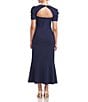 Color:Deep Navy - Image 2 - Stretch Crepe Boat Neckline Short Puff Sleeve Mermaid Dress